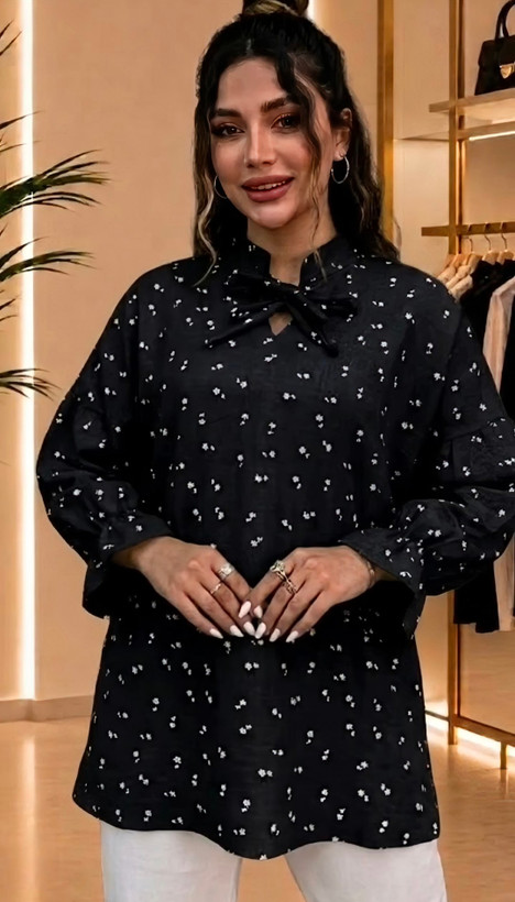 شومیز زنانه گلدار یقه پاپیونی آستین بلند